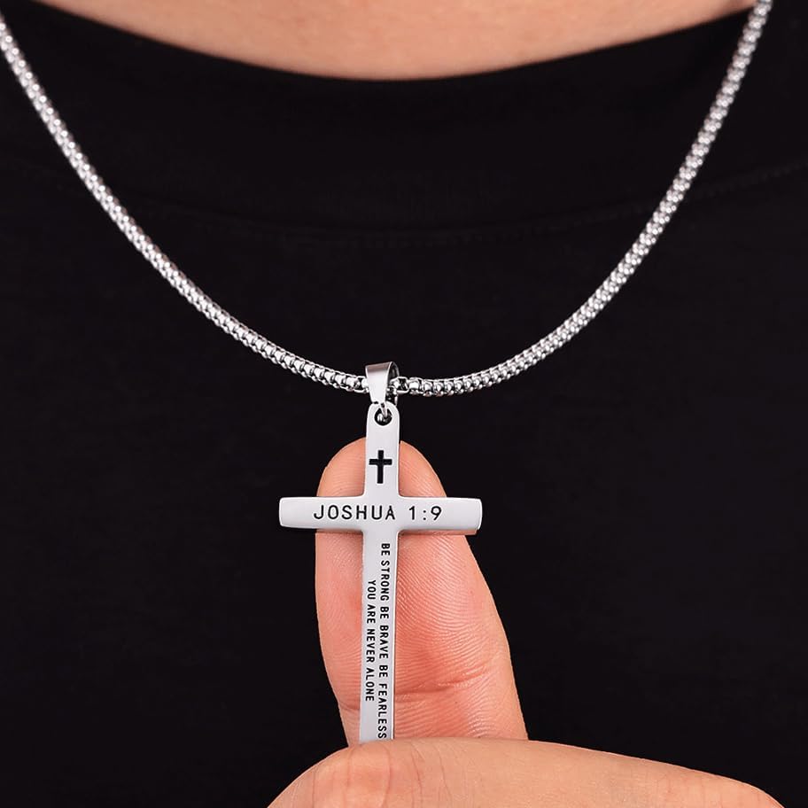 Fiusem Bible Verse Cross Necklace for Men, Stainless Steel Mens Necklace, Black/Gold/Silver Tone Cross Pendant for Men - Image 3