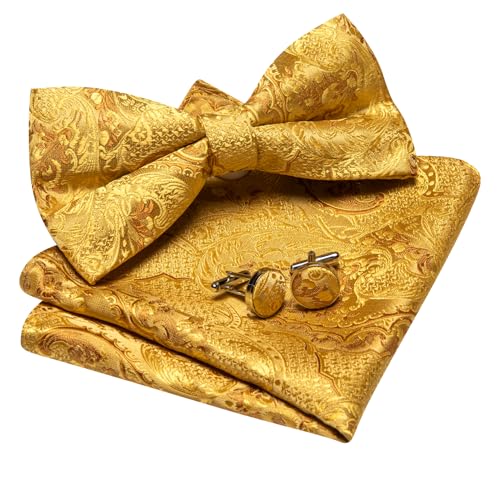 Image of Barry.Wang Paisley Striped Bow Tie for Men Silk Pre-Tied Bowtie Pocket Square Cufflinks Set Formal Wedding Party Prom