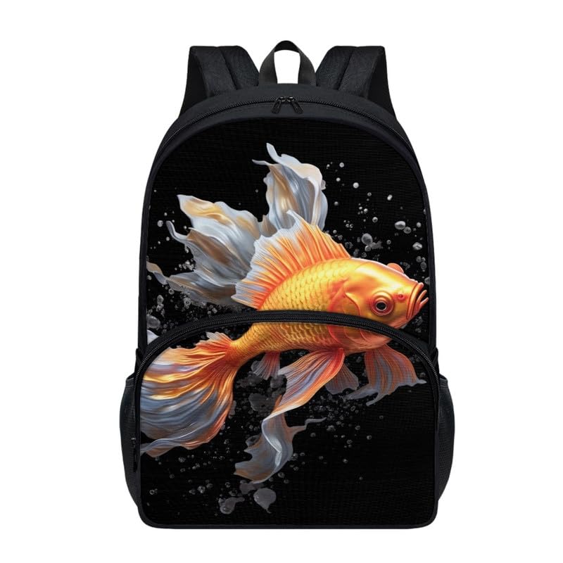 Vivid Goldfish School Backpack for Teens, Fish Lover Kids Bookbag Waterproof Bottle Holder Casual Camping Daypack, Golden Fish Teens Large Capacity Durable Rucksack