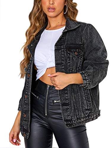 Chaqueta Mujer Primavera,Chaqueta Vaquera Para Mujer, Solapa Recortada Negra, Bolsillo Con Botones, Agujero Desgastado, Primavera Otoño, Manga Larga, Tops, Corte Holgado, Abrigo Vintage, Chaqueta V