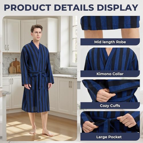Men's Cotton Bathrobe Mid Length Big and Tall Kimono Collar Plaid Men Robe3