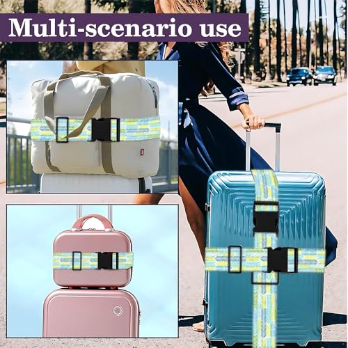 Image of 2 Pack Luggage Straps for Suitcases, Adjustable Travel Belt with Buckle, 2 inch Wide Heavy Duty Suitcase Straps for Summer Beach Vacations, Graduation Trips, Blue Feather Pattern, Multi-Color