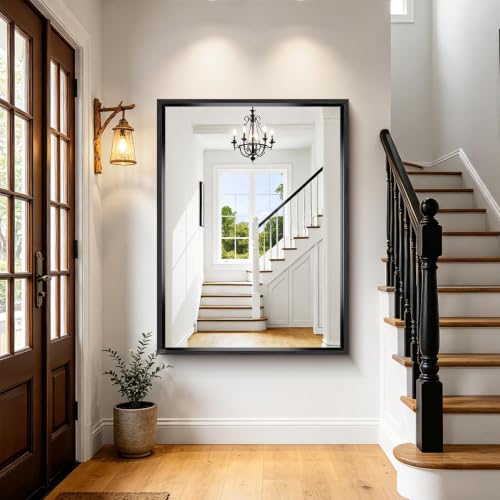 Image of Black Rectangle Mirror, 48 x 36 Inch Large Bathroom Mirrors for Over Sink, 0.6 inch Thickened Deep Frame Rectangular Wall Mirror, Brushed, Tempered Glass, Antirust, Horizontally /Vertically