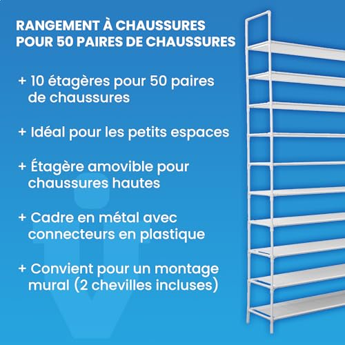 Rangement chaussure réglable Vivol grand format 10 étagères blanches