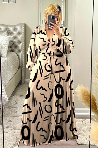 Image of Plus Size Women's 2 Piece Outfits Printed Casual Long Sleeve Wrap Crop Top Maxi Long Dress Flowy Matching Sets
