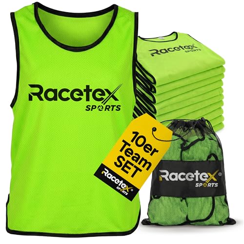 Racetex Leibchen Fussball Kinder und Herren 10er Set Leibchen Fussball Herren und Damen Leibchen Kinder mit atmungsaktives Mesh leuchtende Farbe inkl. Netzbeutel für mühelose Mitnahme L