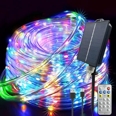 GLPE Solar String Lights Outdoor Waterproof, 66ft 200 LED Rope Lights USB & Solar Powered, 8 Modes Multicolor Fairy Lights with Remote for Christmas Garden Patio Deck Tree Pool Trampoline Wedding