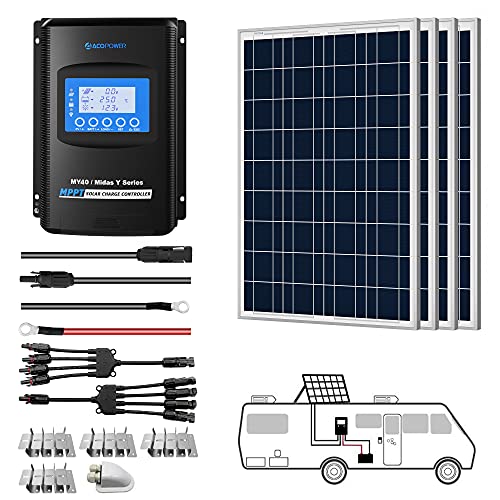 ACOPOWER 400 watts Polycrystalline Panel Solar RV Kits, 4x100w 12Volts Solar Panel with 40A MPPT LCD Charge Controller/Mounting Brackets/Y Connectors/Solar Cables/Cable Entry housing