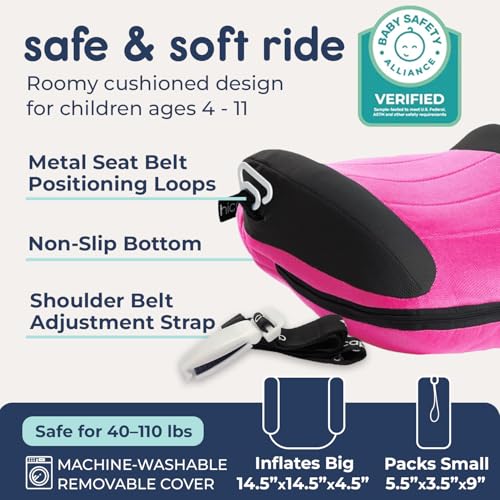 Image of Hiccapop UberBoost Inflatable Booster Car Seat | Blow up Narrow Backless Booster Car Seat for Travel | Portable Booster Seat for Toddlers, Kids, Child | Pink /Black