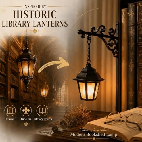 Library Lantern-Decorative Bookshelf Lighting, Mini Bookshelf Lamp Slides Between Books, Warm Amber LED Nook Light for Reading Corner, Shelf Decor Gift for Readers (Classic Lantern(3 PCS) - 4