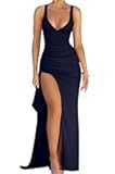 Memoriesea Women's Sexy Plunge Neckline Bodycon Ruched High Slit Party Maxi Dress