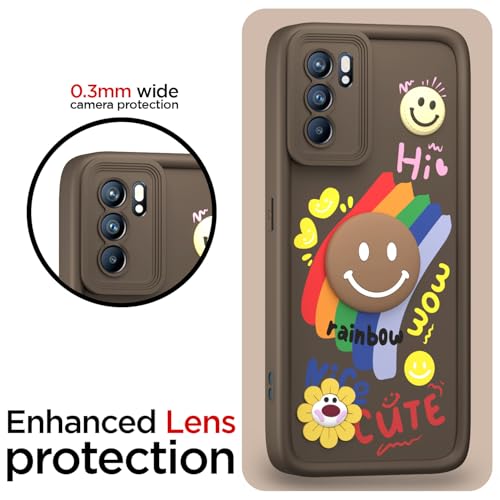 Image of Pikkme Back Cover for Oppo Reno 6 5G | Soft Silicone| Cute Rainbow Smile & 3D Cartoon Flower Design | Shockproof Raised Camera Protection Bumper Case (Brown)