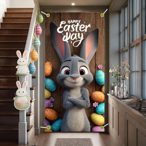 Image of Easter Door Cover Happy Easter Day Gray Bunny Door Banner Cute Easter Door Covers for Front Door Spring Easter Egg Door Decorations 35x71 Inch