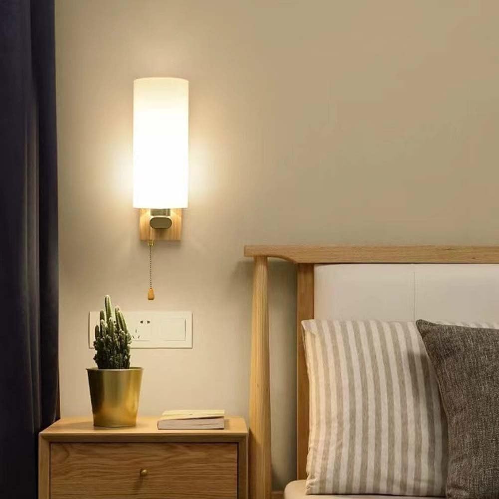 AoLa Holz Wandleuchte mit Zugschalter E27 Wandlampe Innen mit Rund Glas Lampeschirm Vintage Landhaus Schlafzimmer Nachtlicht Modern Metall Nachttischlampe für Schlafzimmer Wohnzimmer Flur