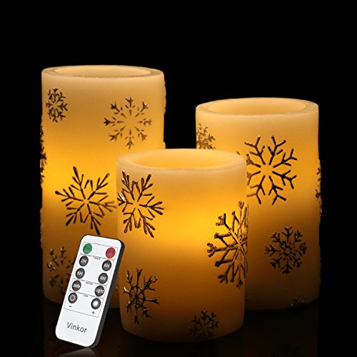 Vinkor Flameless Candles Flickering Candles Decorative Battery Flameless Candle Classic Real Wax Pillar with Dancing LED Flame & 10-Key Remote Control 2/4/6/8 Hours Timers (Snowflake)