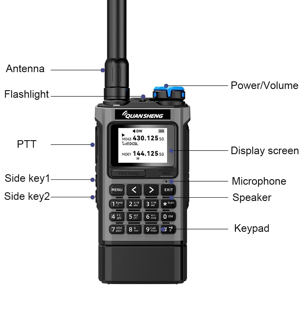 Quansheng UV‑K1 Walkie‑Talkie, 50‑600MHz, Air Band, NOAA, Copia senza fili. | Batteria 2500mAh con ricarica USB‑C, ricezione Air Band AM/FM (108‑136MHz), accordo frequenza in 1 tocco, copia wireless