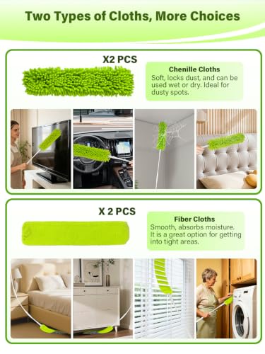 Image of Bend-Free Gap Dust Cleaner Cleaning Tools Washable Flat Duster Brush with 4 Microfiber Chenille Dusting Cloths Long Handle 56 inches for Cleaning Under Appliances Furniture Couch Bed Fridge