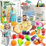 Play Food Sets for Kids Kitchen, 68PCS Grocery Store Pretend Play with Shopping Bags Calculator Cutting Food Food Play Kitchen for Age 3+ Role-Play Games Easter Gift