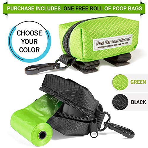 Image of Pet Dreamland Dog Bag Dispenser - Pet Waste Bag Holder Leash Attachment - Includes one Free Roll of Poop Bags - Zippered Pouch, Hook&Loop Straps and Carabiner Clip for Easy Carry (Black)