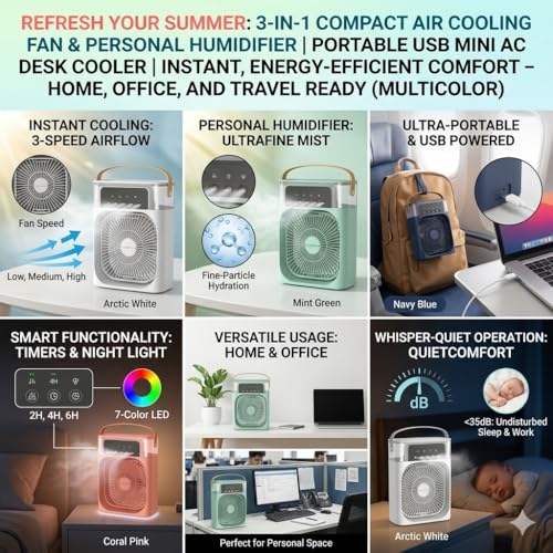 Image of Drumstone 𝐁𝐞𝐚𝐭 𝐭𝐡𝐞 𝐇𝐞𝐚𝐭 5 Year Warranty Portable Mini Air Cooler Fan, USB Powered Personal AC with Mist Humidifier, 3-Speed Airflow, Ultra Quiet for Home, Office & Travel Energy Saving