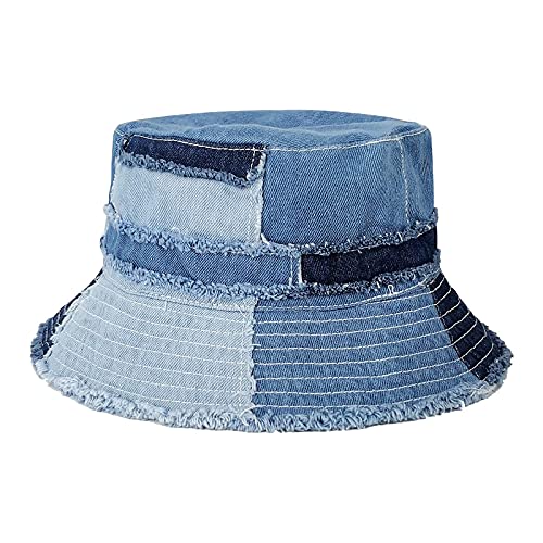 Ripped Denim Bucket Hats for Women Washed Cotton Packable Summer Beach Sun Hats Mens Bucket Hat for Travel(Classic Denim S/M)