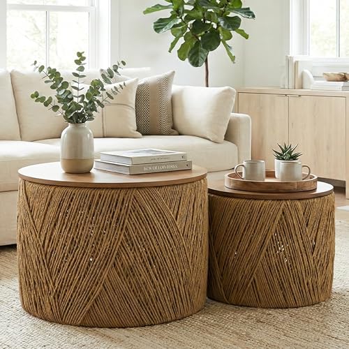 chairus Farmhouse Storage Round Coffee Table Boho Nesting Table with Lifting Top Hand-Woven Rattan Nesting Coffee Tables for Living Room Walnut