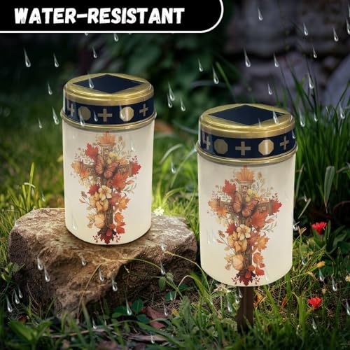 Image of Floral Cross LED Solar Lights for Patriotic Landscape Waterproof Solar Light Waterproof Solar Power Light Flameless Candle for Cemetery Grave Memorial Decor 2 Pcs