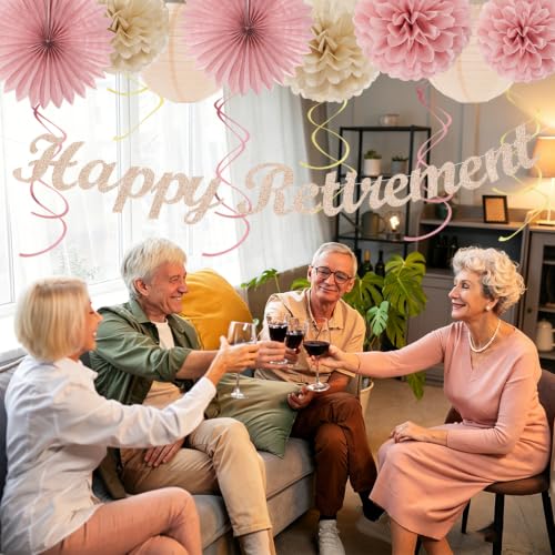 Image of Blush Pink Rose Gold Happy Retirement Banner Party Decorations Burgleda