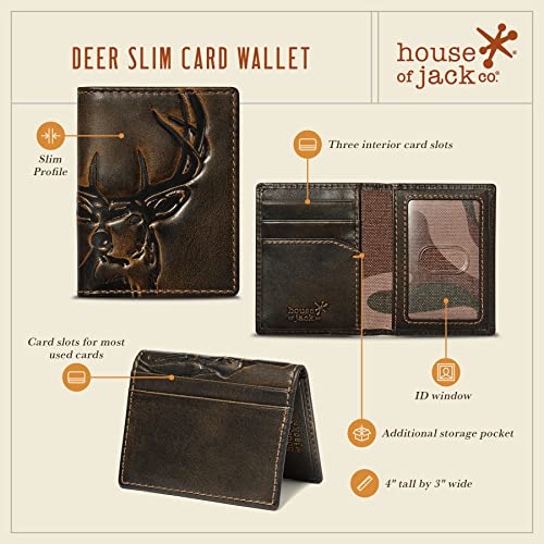 Image of House of Jack Co. Deer Men's Slim Card Wallet, Minimalist Front Pocket Bifold Card Holder, Full Grain Leather, 6 Card Slots with ID Window, Embossed Deer, Hunter Gift for Men, Black