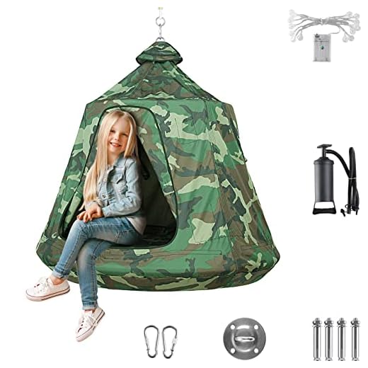 AthLike Hanging Tree Tent for Kid, Indoor Outdoor Hanging Tent, Waterproof Tree Ceiling Pod, Portable Hang Out Huggle Pod Play Tent w/Rainbow Lights String, Inflatable Base, 45" H x 44" W 330lbs