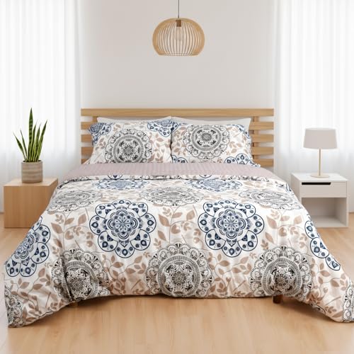 H HANSEL HOME Funda Nordica Cama 90 de 3 Piezas Transpirable Suave al Tacto 100% Microfibra, Funda Edredón 150x220cm, Bajera 90x200cm con 1 Funda de Almohada 50x110cm - Mandala