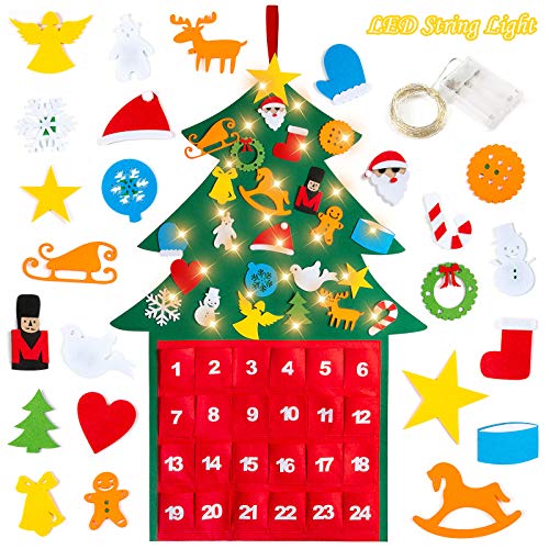 ZWOOS Árbol de Navidad Fieltro con 5m Guirnalda Luminosa y 24 Piezas Adornos – con Calendario de adviento - Decoración navideña DIY