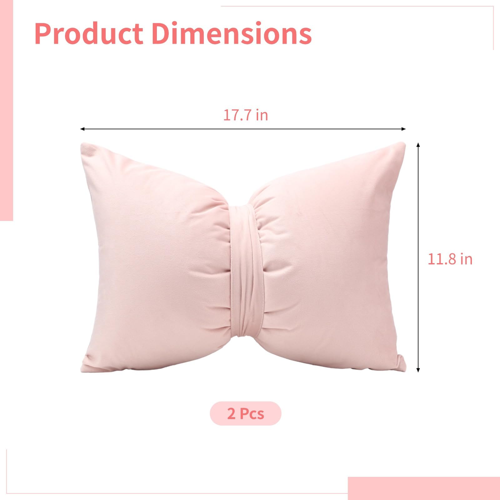 2 bonitos cojines de apoyo de coqueta, almohadas de lazo, almohadas decorativas de terciopelo de 17.7 x 11.8 pulgadas, almohadas lavables en forma de lazo para cama, sofá, silla, coche
