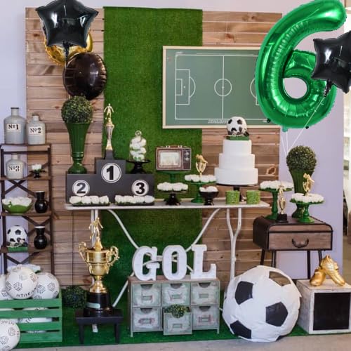 Image of TONIFUL 32 Inch Soccer Balloons Set 6st Birthday Decoration Green Number 6 Foil Soccer Balloon Black Star Balloons for Children's Boys Birthday Party Football Themed Party Supplies