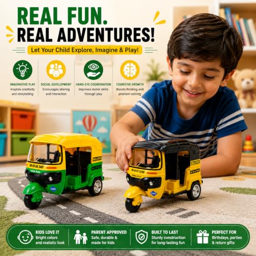 Image of PLUSPOINT Auto Rickshaw Toy,with Pull Back Action City Traffic Vehicles Public Transport Toy with Light and Sound for Aged 3 4 5 6 Boys and Girls,Kids Party Favors Gifts (Green- 2Pc)