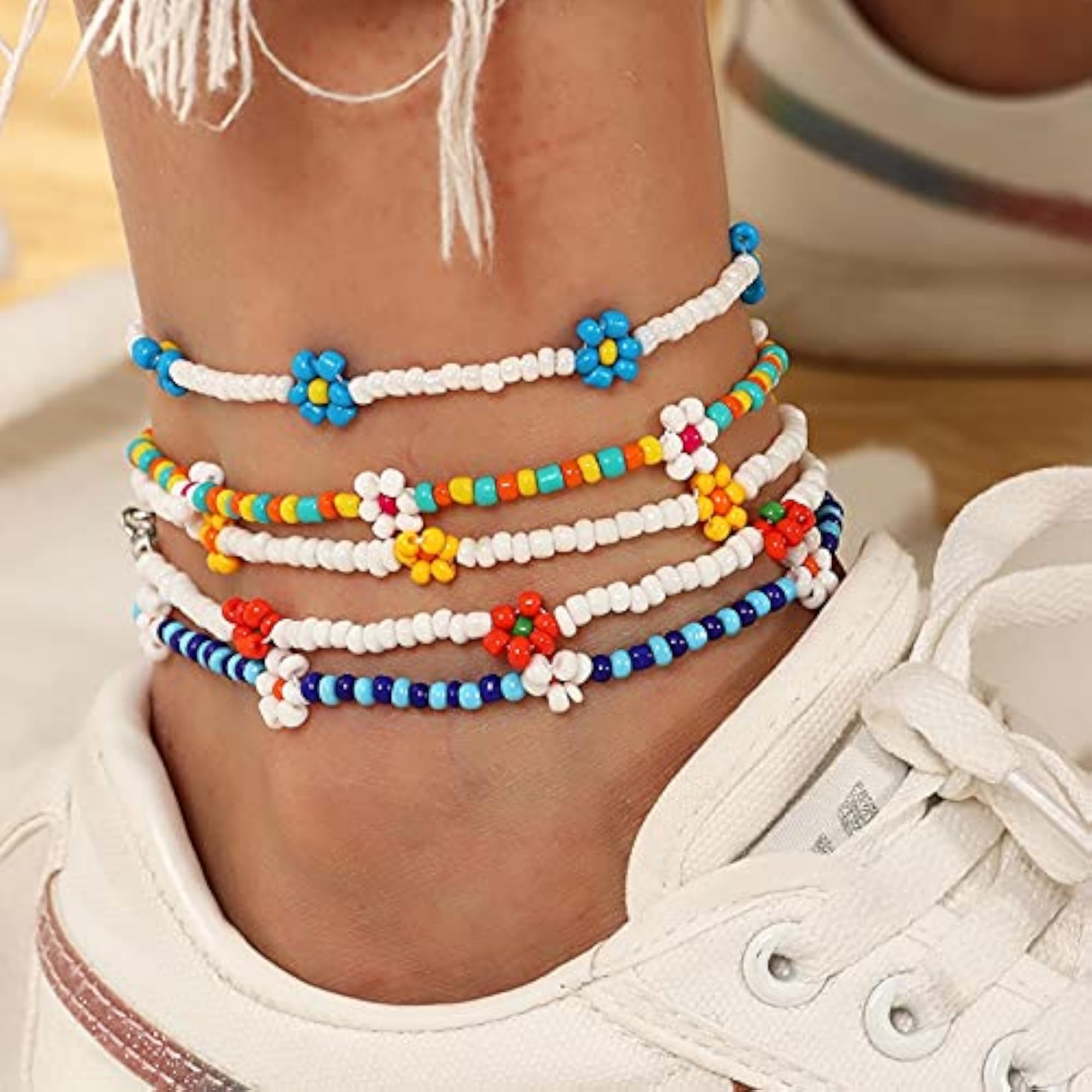 Unisex Handmade Beaded Floral Boho Adjustable Anklet, Beach Style