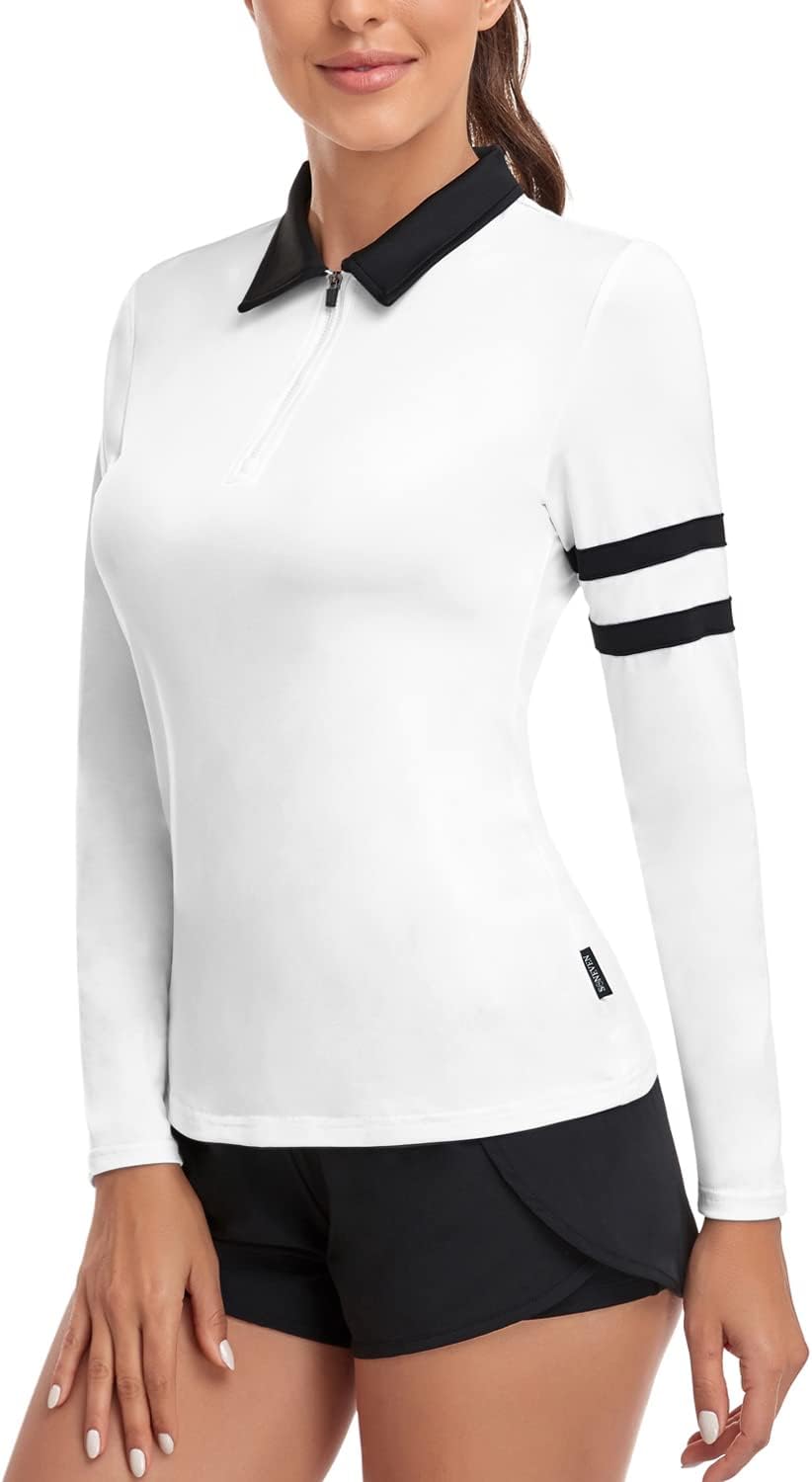 Soneven Women's Long Sleeve Golf Polo Shirts Moisture Wicking Quick Dry Half-Zip Pullover Athletic Workout Striped Tops