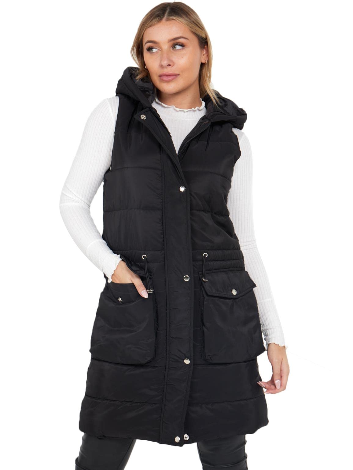 SS7 Womens Gilet Bodywarmer Jacket Quilted Padded Longline Waistcoat Black