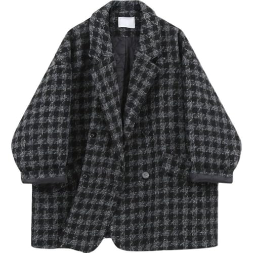 Image of CHARTOU Women Winter Warm Quilted Plaid Pea Coat Oversized Houndstooth Blazer Wool Jacket Outwear (Medium,Grey)