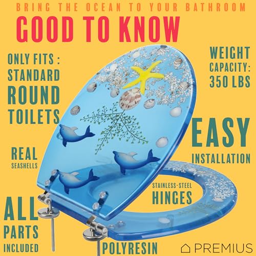 Polyresin Ocean Life Dolphins Toilet Seat By PREMIUS, Standard Round, 17 Inches, Clear-Blue, Ocean Theme with Unique Dolphins & Real Sea Shells Design, Comfortable & Stylish, Stainless Steel Hinges - Image 7