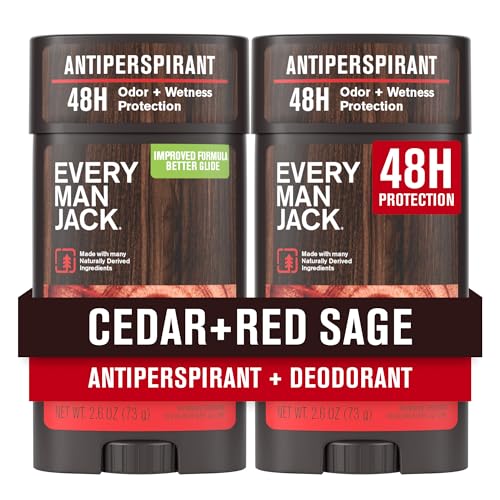 Every Man Jack Men’s Cedar + Red Sage Antiperspirant Deodorant – New & Improved Formula – Smooth Glide, 48-Hour Odor & Sweat Defense– 2.6 oz (2 Pack)
