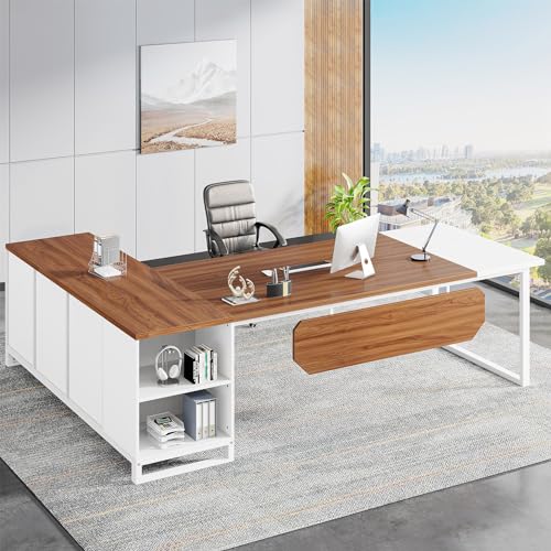 Image of Tribesigns 70.8 inch L-Shaped Executive Desk with 55 inch File Cabinet, Large Home Office Computer Desk with Storage Shelves and Cabinet, Modern Business Furniture Set Home Office, Walnut White