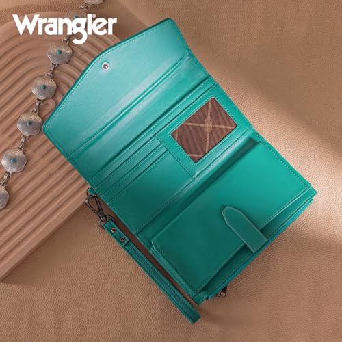 Image of Montana West X Wrangler Wrist Wallets for Women Ladies Female Large Card Cases & Money Organizers Trifold Clutch with Rfid Lining and Wrist Strap Turquoise
