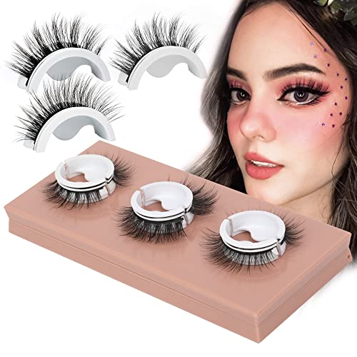 JIMIRE Self-Adhesive False Eyelashes Natural Wispy No Glue or Eyeliner Needed Waterproof Faux Mink Lashes Fluffy 3D Reusable Eye Lash with Box 3 Pairs