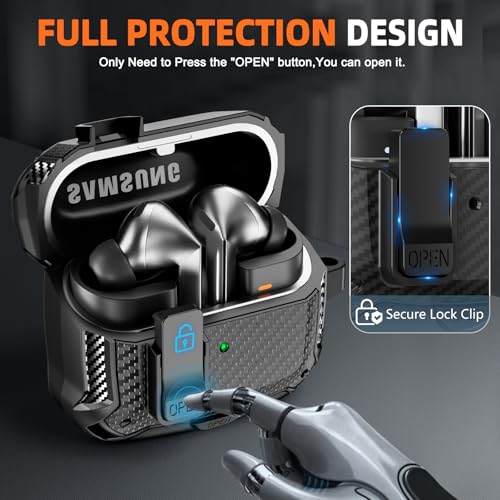 Image of Safety Lock Case for Samsung Galaxy Buds3 FE /Pro /3 (Black) | Compatible with MagSafe, Carbon fibre texture Design,with Phone Stand& Cleaning kit,Keychain,