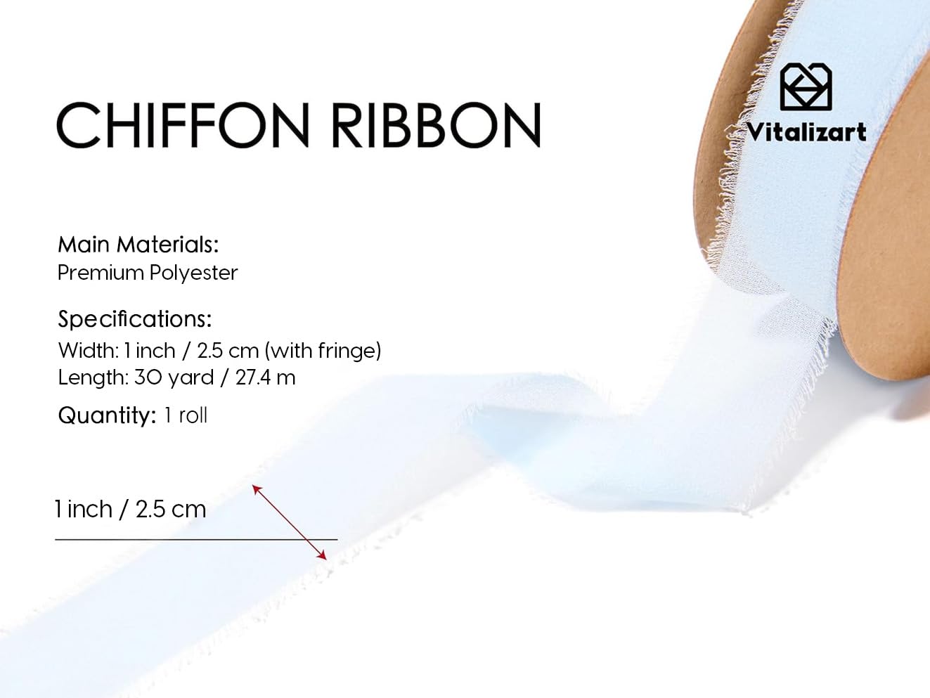 Vitalizart Chiffon-Seidenband, handgefertigt, Fransen, Stoffbänder für Hochzeitseinladungen, Brautsträuße, Party-Dekoration, Geschenkverpackung, Schleifenherstellung, 2,5 cm x 30 m, Babyblau