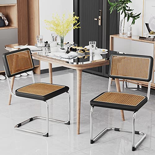 Alunaune Modern Mid Century Black Dining Chairs Set Of 2, Upholstered Natural Rattan Kitchen Chairs, Armless Accent Chair Side Chairs With Metal Chrome Legs For Bedroom Living Room #TOP7