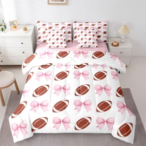 Feelyou Pink Bowknot Comforter Set Queen Size Football 7 Pcs Bedding for Kids and Adults, Boys Girls Bed in a Bag,Rugby Sports Theme Bed Sheet Sets with Fitted Sheet Pillowcases for Bedroom Bed Decor
