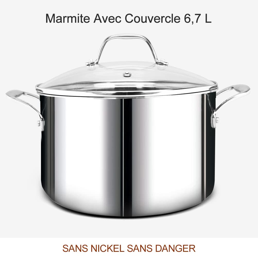 HOMICHEF batterie de cuisine en acier inoxydable sans nickel 14 pièces 3 Plis Entièrement Revêtue - Marmites et poêles polies miroir - Batterie de cuisine à induction non toxique avec cuiseur vapeur
