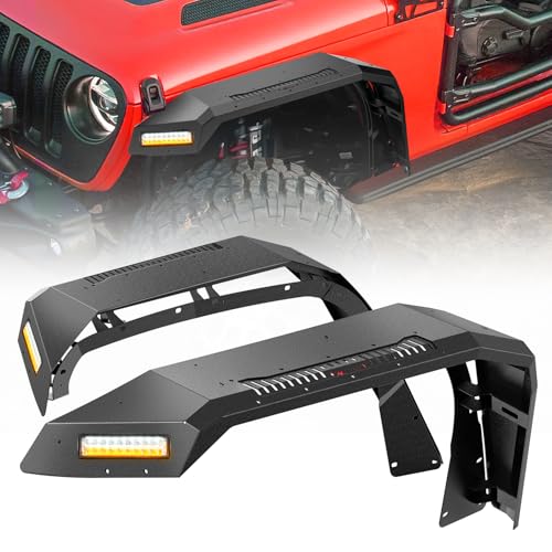 Image of Nilight JL JT Wide Flat Front Fender Flares for 2018 2019 2020 2021 2022 2023 2024 2025 Jeep Wrangler JL JLU&Gladiator JT 2Pcs Off-Road Wheel Fenders w /LED Lights Turn Signal Lights DRL